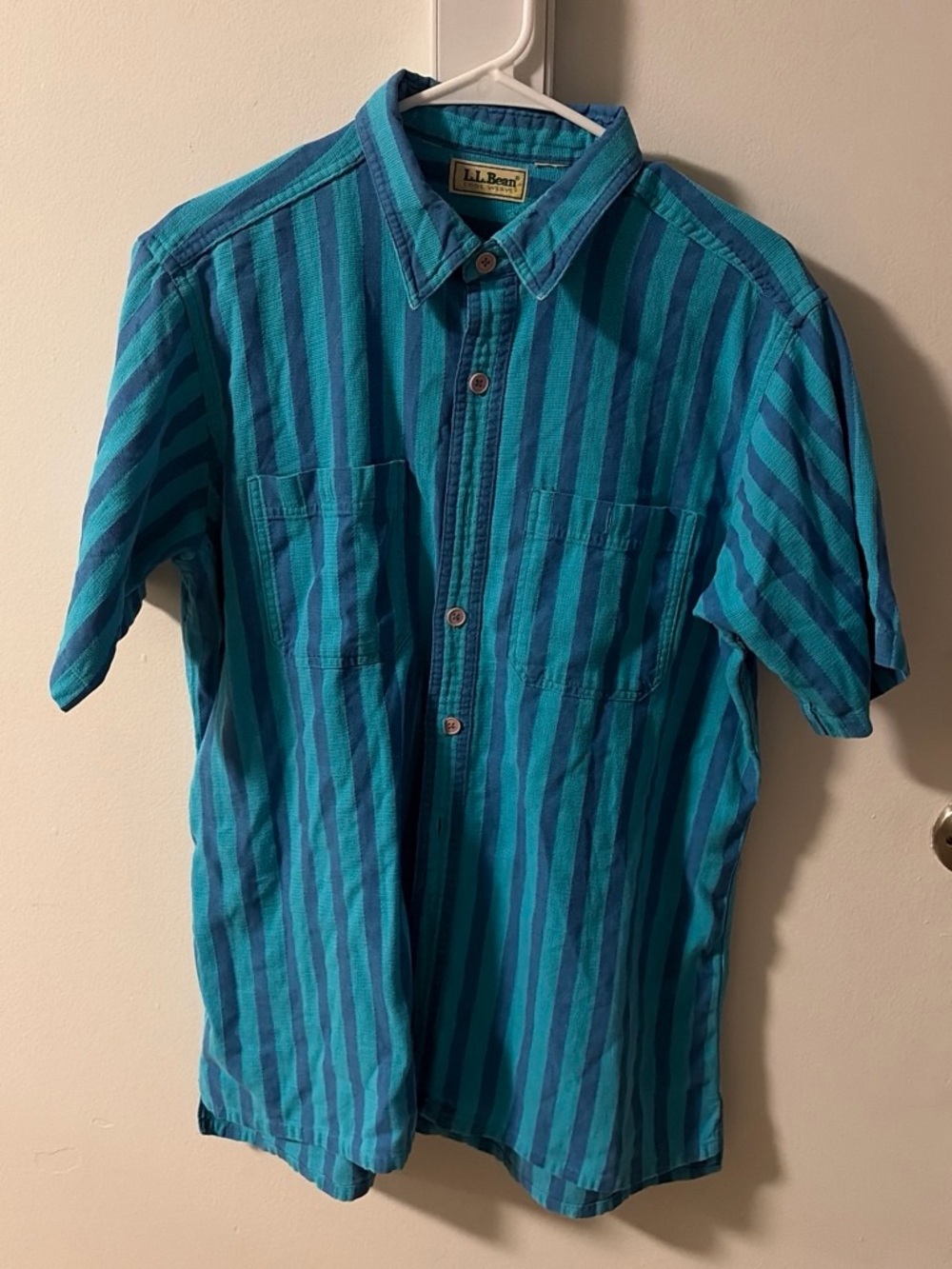 L.L. Bean Men's Teal & Navy Vertical Stripe Short-Sleeve Button-Down